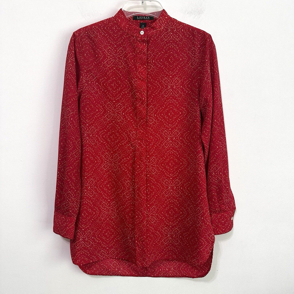 Lauren Ralph Lauren Tunic Top Henley XS Red Long Sleeve Hi Low Hem Holiday Party